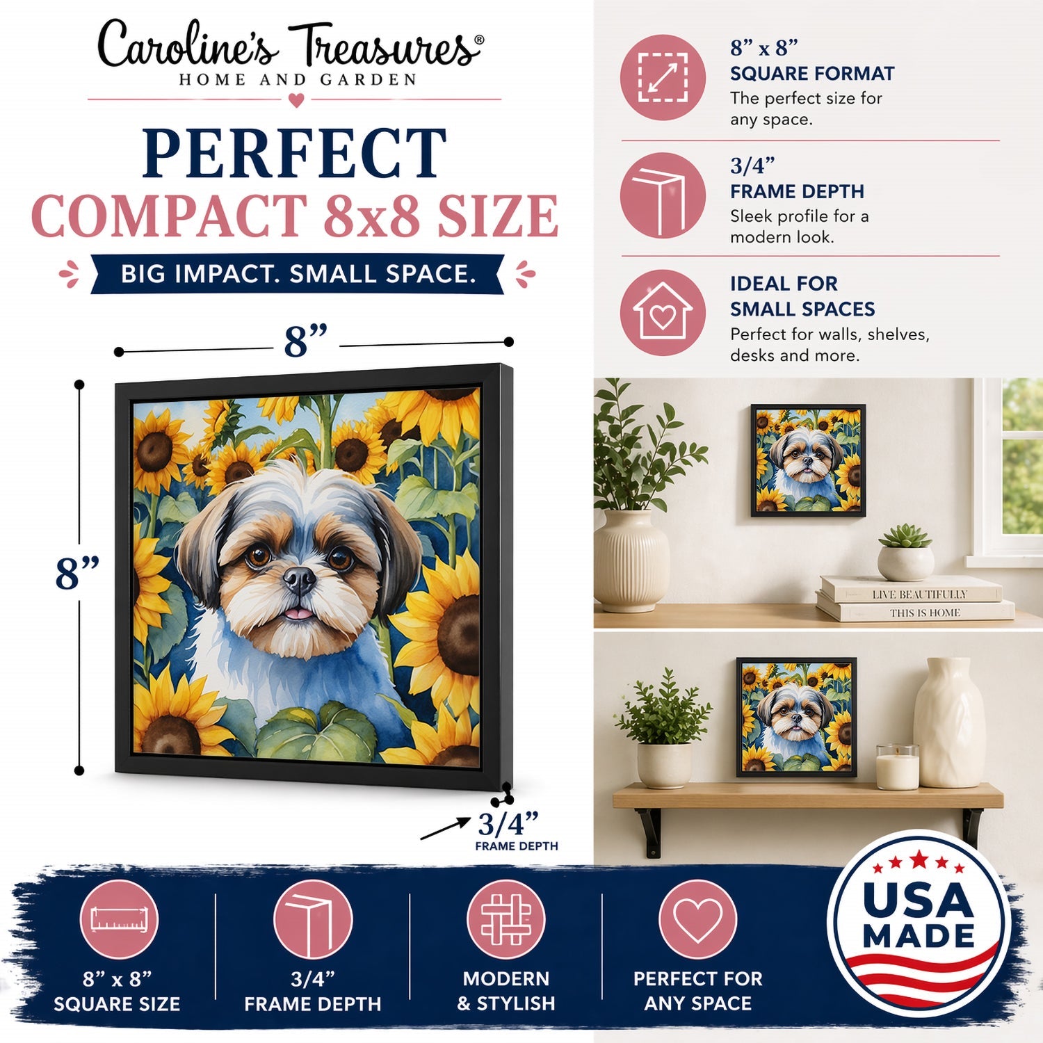 Shih Tzu in Sunflowers Framed Metal Print Bathroom, Kitchen, Office, Home Decor Wall Art Ready to Hang, Square, 8X8