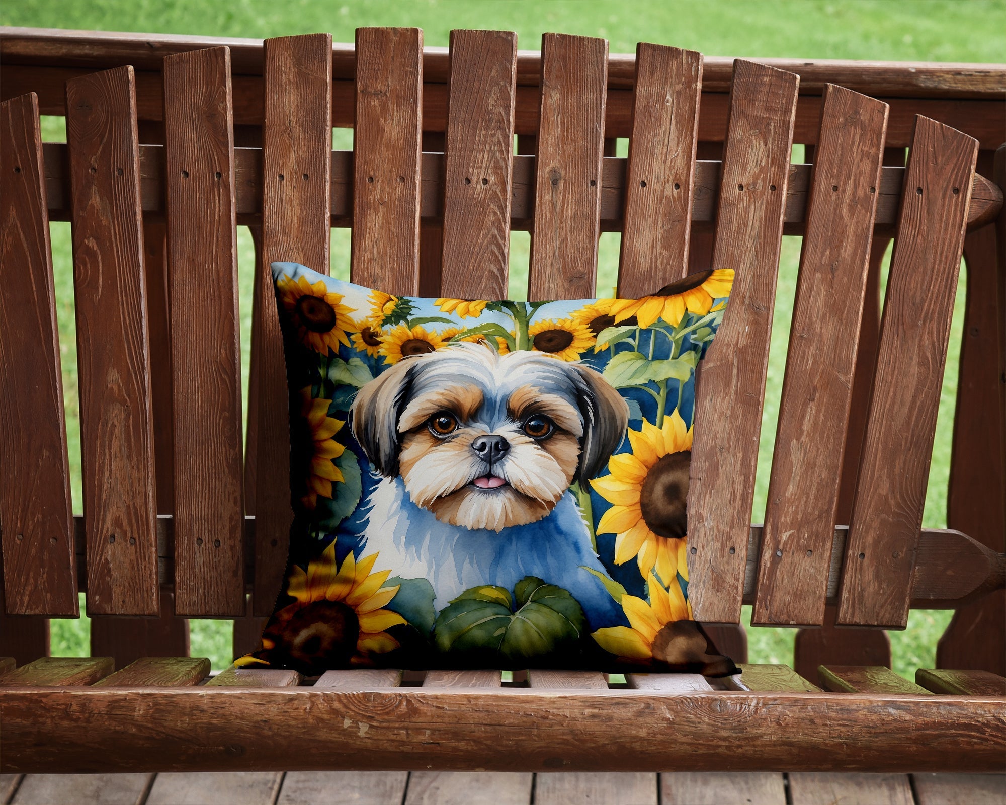 Shih Tzu in Sunflowers Decorative Throw Pillow 14x14 Indoor Outdoor Accent Cushion, Fabric Cover with Insert for Sofa, Bed, Porch & Living Room