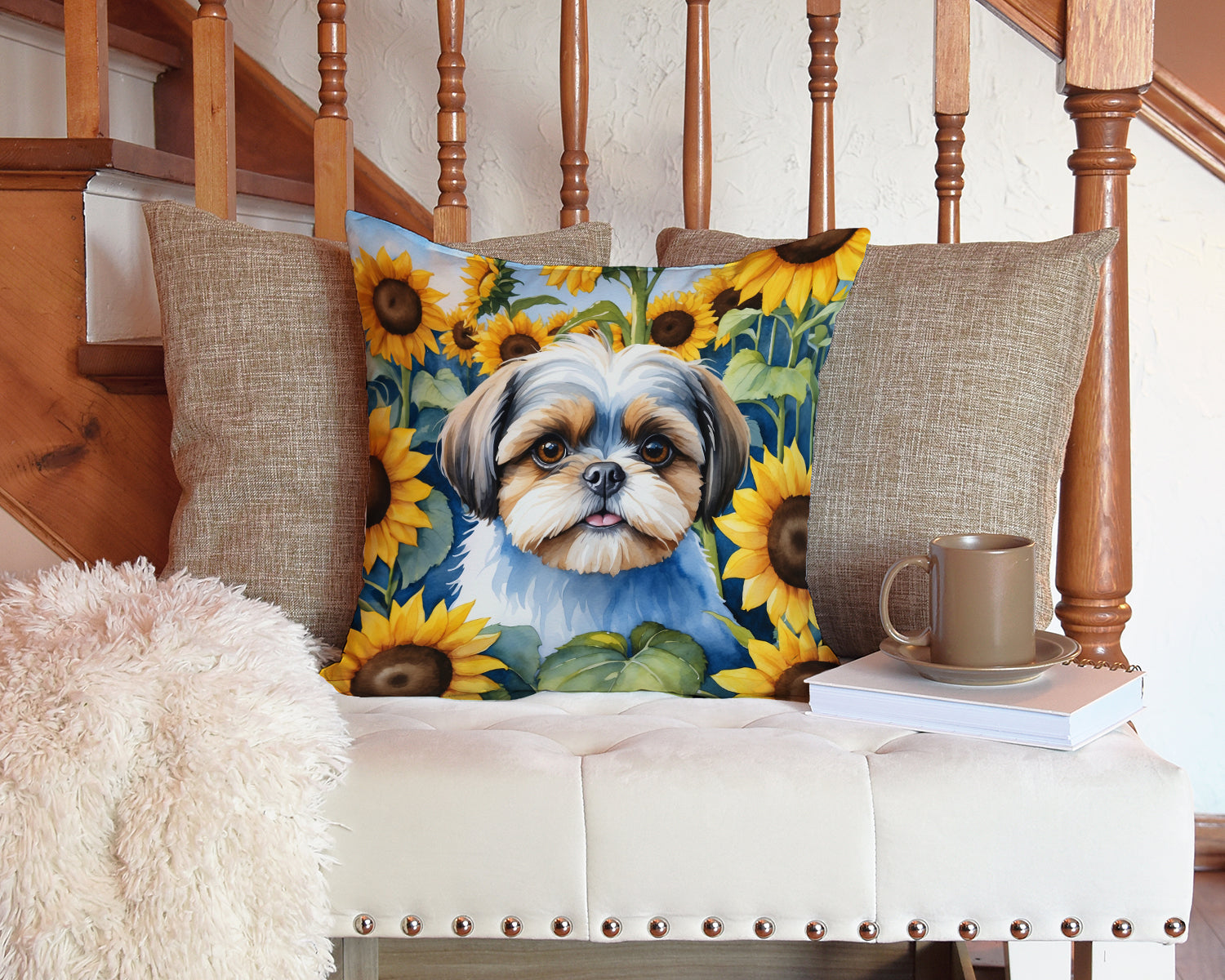 Shih Tzu in Sunflowers Decorative Throw Pillow 14x14 Indoor Outdoor Accent Cushion, Fabric Cover with Insert for Sofa, Bed, Porch & Living Room