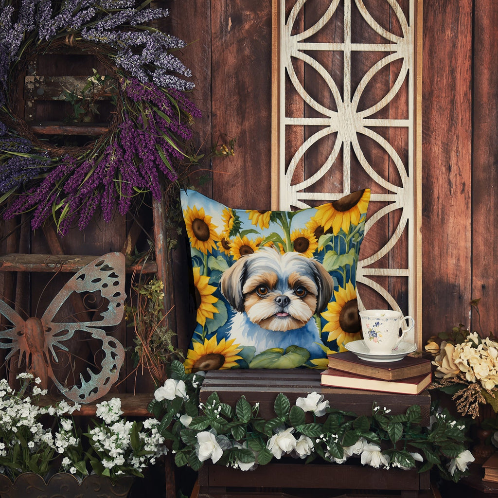 Shih Tzu in Sunflowers Decorative Throw Pillow 14x14 Indoor Outdoor Accent Cushion, Fabric Cover with Insert for Sofa, Bed, Porch & Living Room