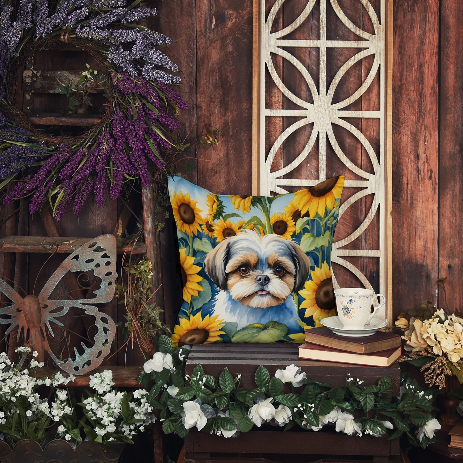 Shih Tzu in Sunflowers Decorative Throw Pillow 14x14 Indoor Outdoor Accent Cushion, Fabric Cover with Insert for Sofa, Bed, Porch & Living Room