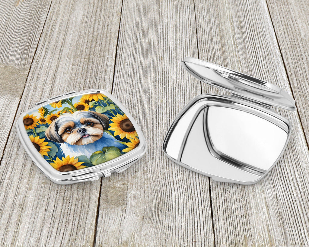 Shih Tzu in Sunflowers Compact Mirror Decorative Travel Makeup Mirror for Women Girls Gifts Pocket Makeup Mirror Folding Handheld