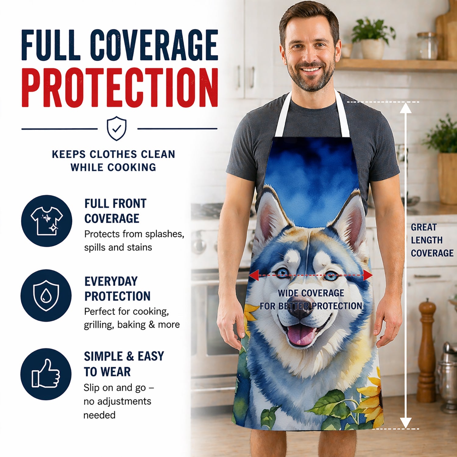 Siberian Husky in Sunflowers Apron Cooking Kitchen Server Baking Crafts Gardening for Adult Women Men, Unisex, Large, Multicolor
