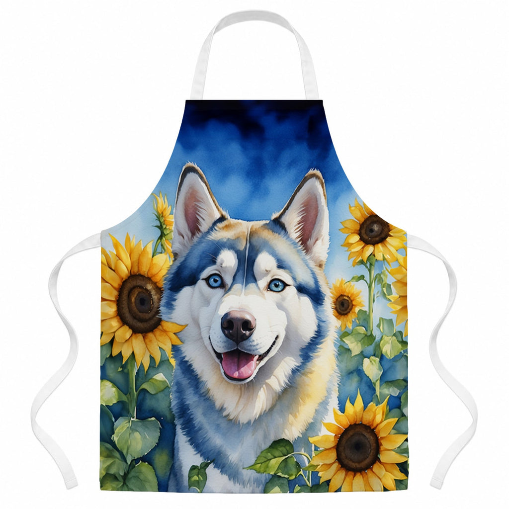 Siberian Husky in Sunflowers Apron Cooking Kitchen Server Baking Crafts Gardening for Adult Women Men, Unisex, Large, Multicolor