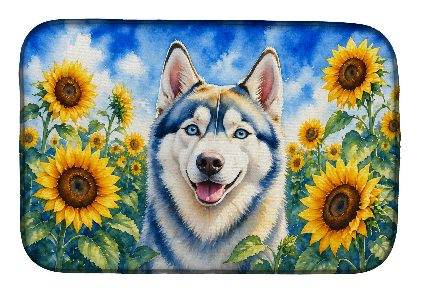 Siberian Husky in Sunflowers Dish Drying Mat Absorbent Dish Drying Mat Pad for Kitchen Counter Dish Drainer Mat for Countertop, 14 x 21", Multicolor