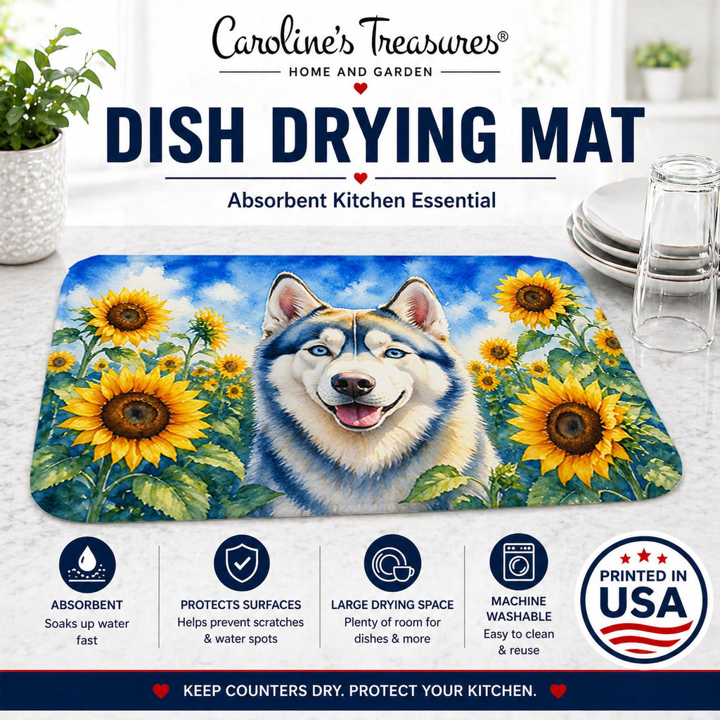 Siberian Husky in Sunflowers Dish Drying Mat Absorbent Dish Drying Mat Pad for Kitchen Counter Dish Drainer Mat for Countertop, 14 x 21", Multicolor