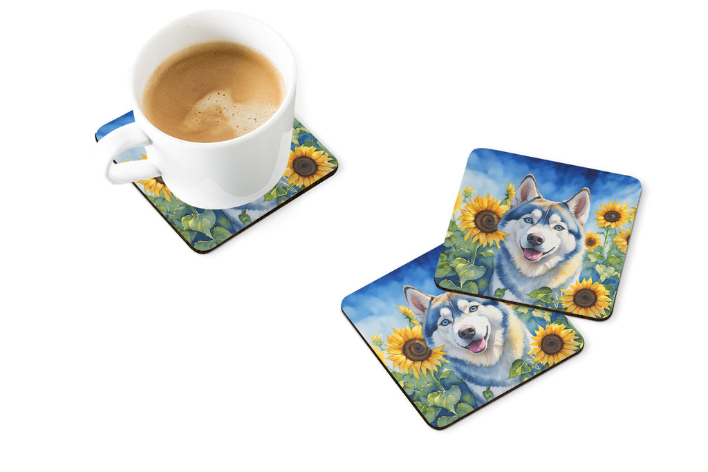 Siberian Husky in Sunflowers Foam Coasters Set of 4 Cup Coasters for Indoor Outdoor, Tabletop Protection, Anti Slip, Mouse pad Material