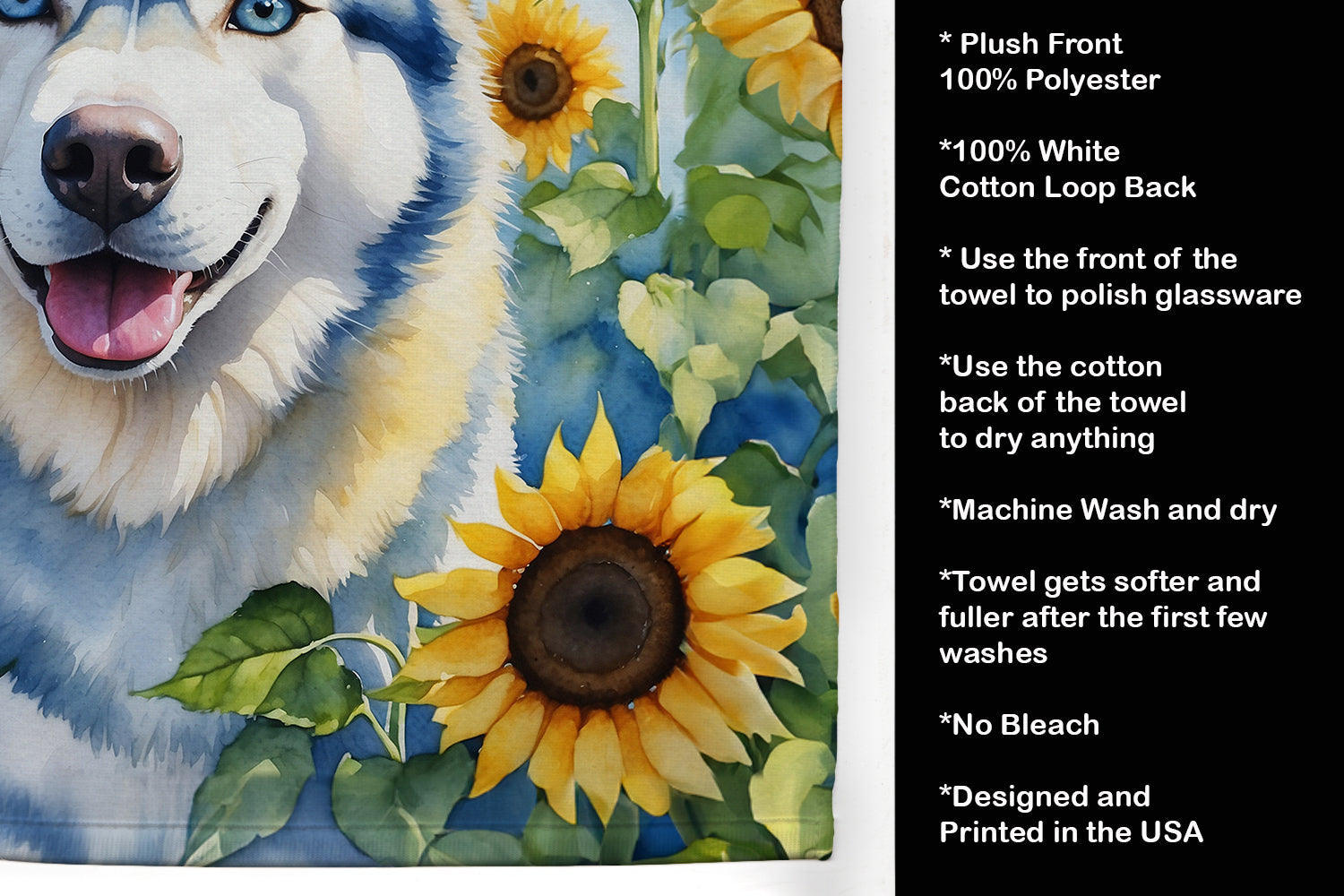 Siberian Husky in Sunflowers Kitchen Towel Velour Plush Front and Cotton Loop Back Machine Washable