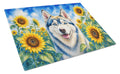 Siberian Husky in Sunflowers Cutting Board Tempered Glass Kitchen Cutting Surface, Heat Resistant Chopping Board with Non-Slip Feet, Decorative Food Prep & Serving