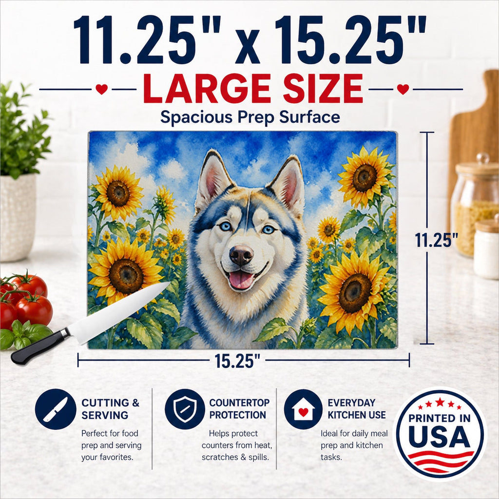Siberian Husky in Sunflowers Cutting Board Tempered Glass Kitchen Cutting Surface, Heat Resistant Chopping Board with Non-Slip Feet, Decorative Food Prep & Serving