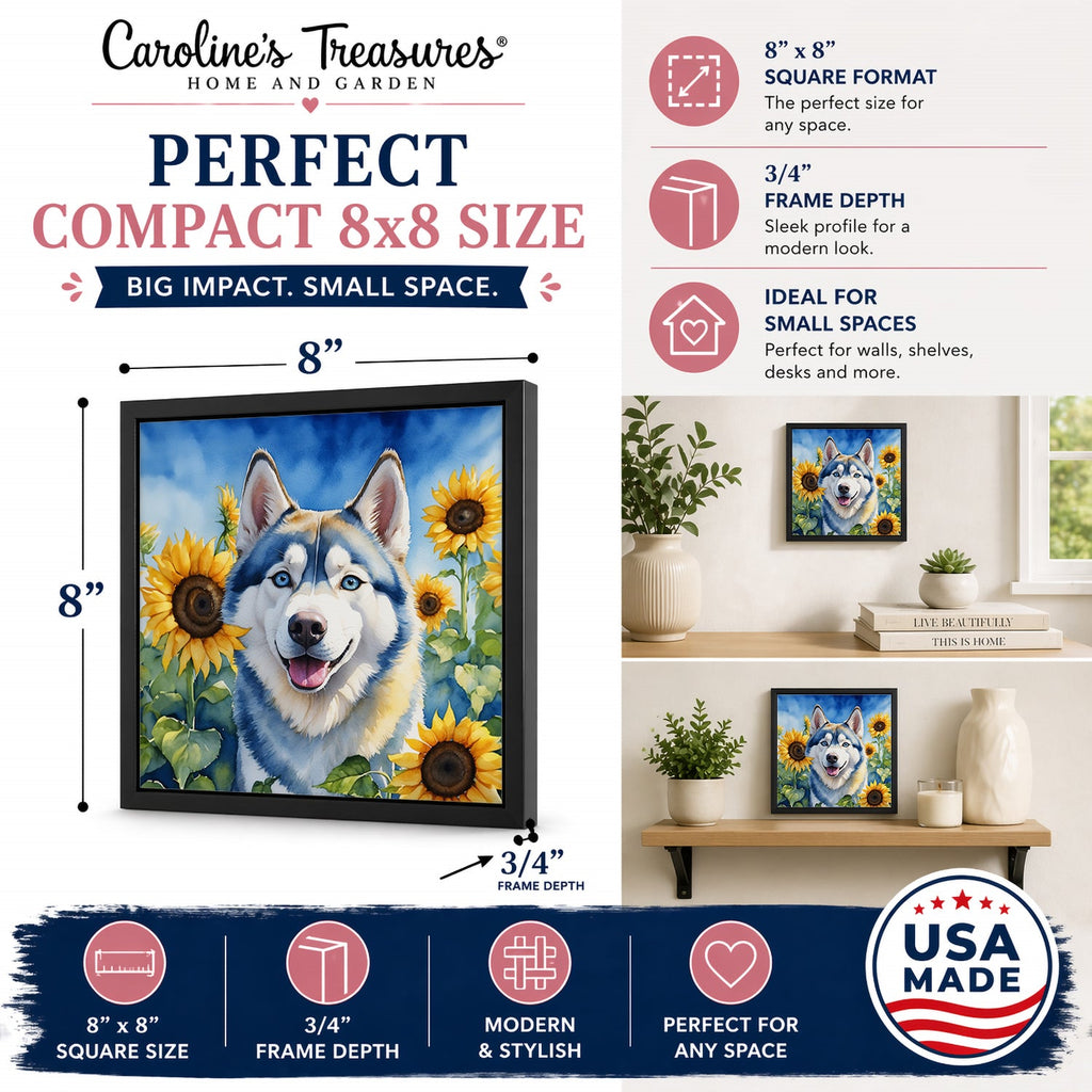 Siberian Husky in Sunflowers Framed Metal Print Bathroom, Kitchen, Office, Home Decor Wall Art Ready to Hang, Square, 8X8
