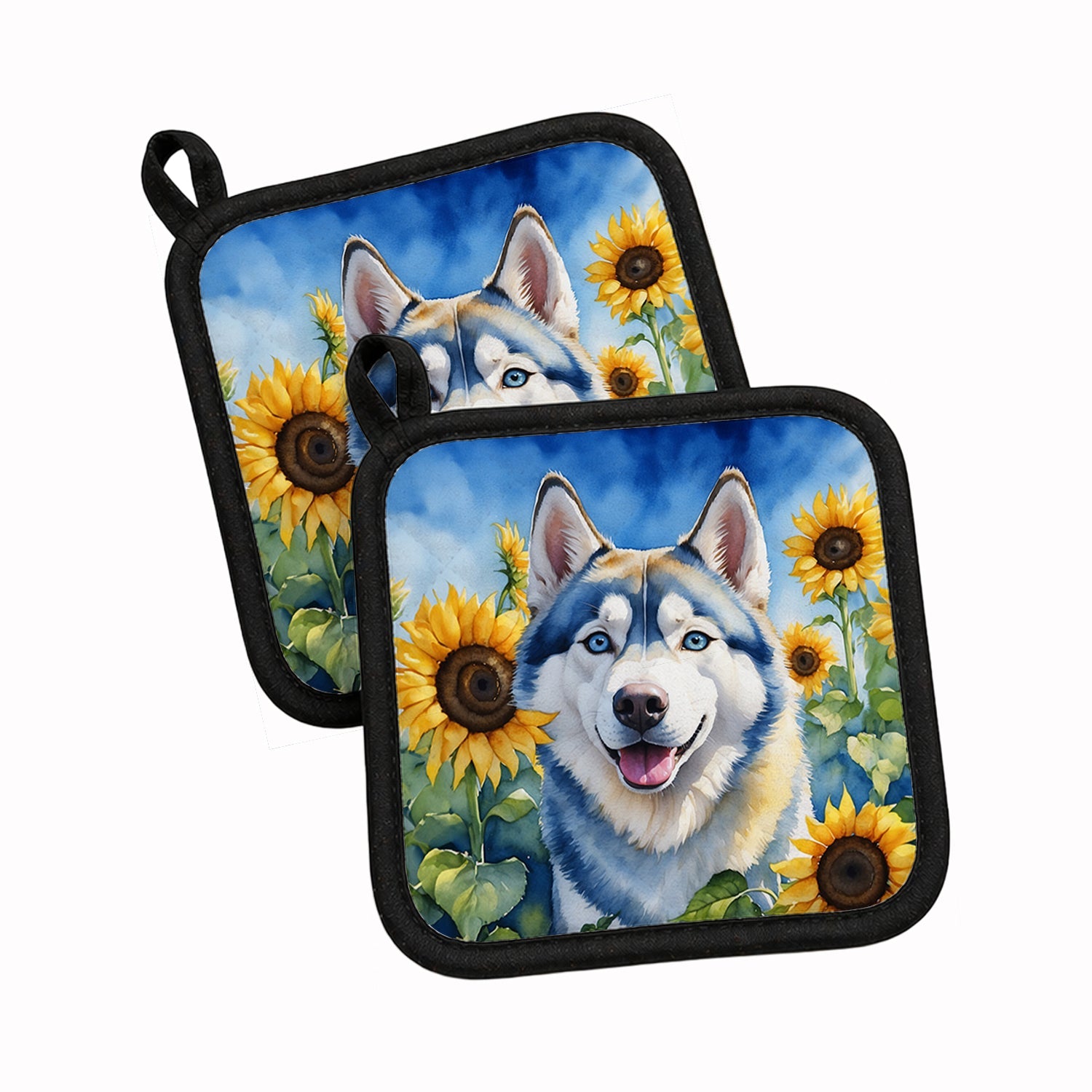 Siberian Husky in Sunflowers Pot Holder Set of 2 Heat Resistant Quilted Hot Pads 7.5 x 7.5 Inch, Insulated Kitchen Trivets for Cooking & Baking
