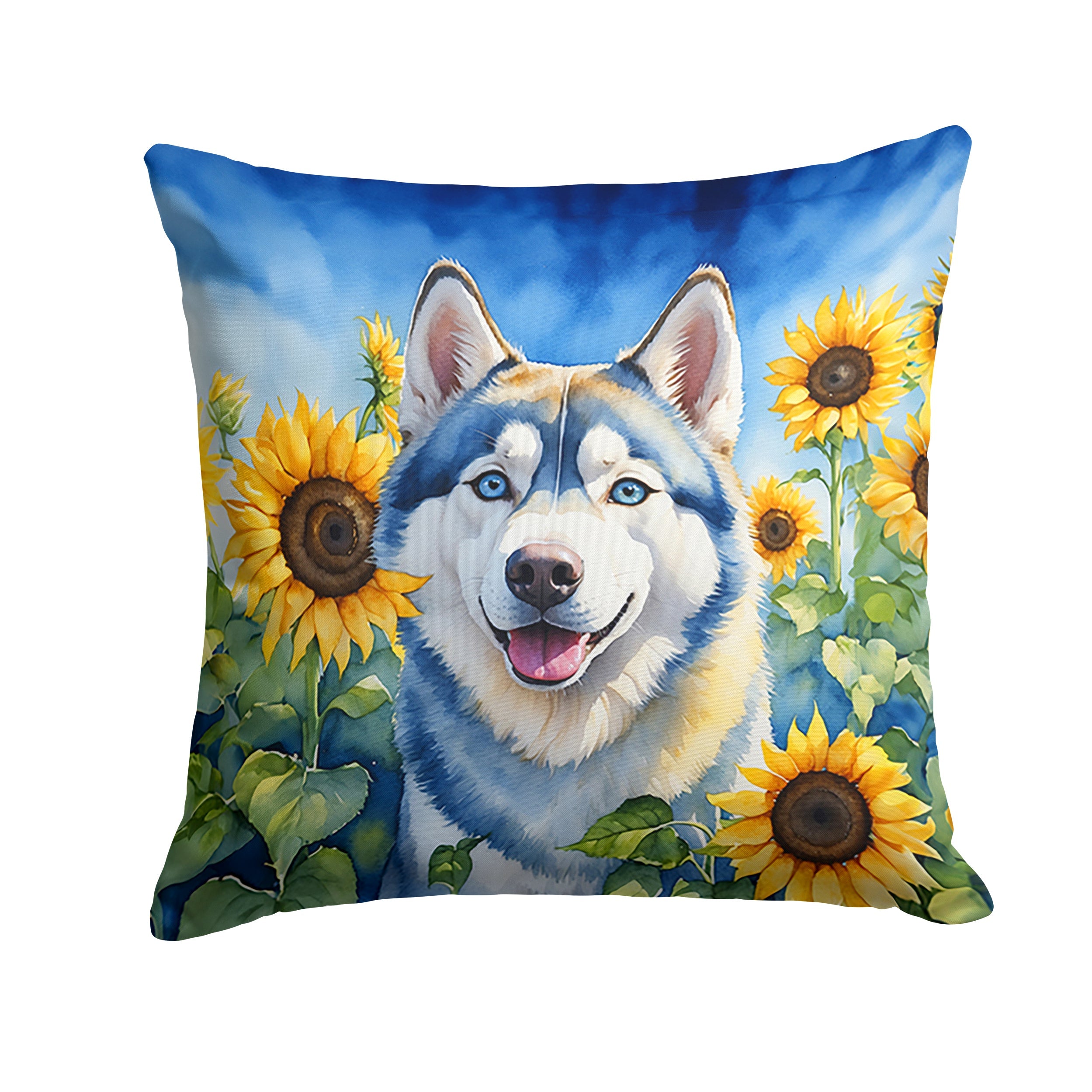 Siberian Husky in Sunflowers Decorative Throw Pillow 14x14 Indoor Outdoor Accent Cushion, Fabric Cover with Insert for Sofa, Bed, Porch & Living Room