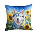Siberian Husky in Sunflowers Decorative Throw Pillow 18x18 Indoor Outdoor Accent Cushion, Fabric Cover with Insert for Sofa, Bed, Porch & Living Room