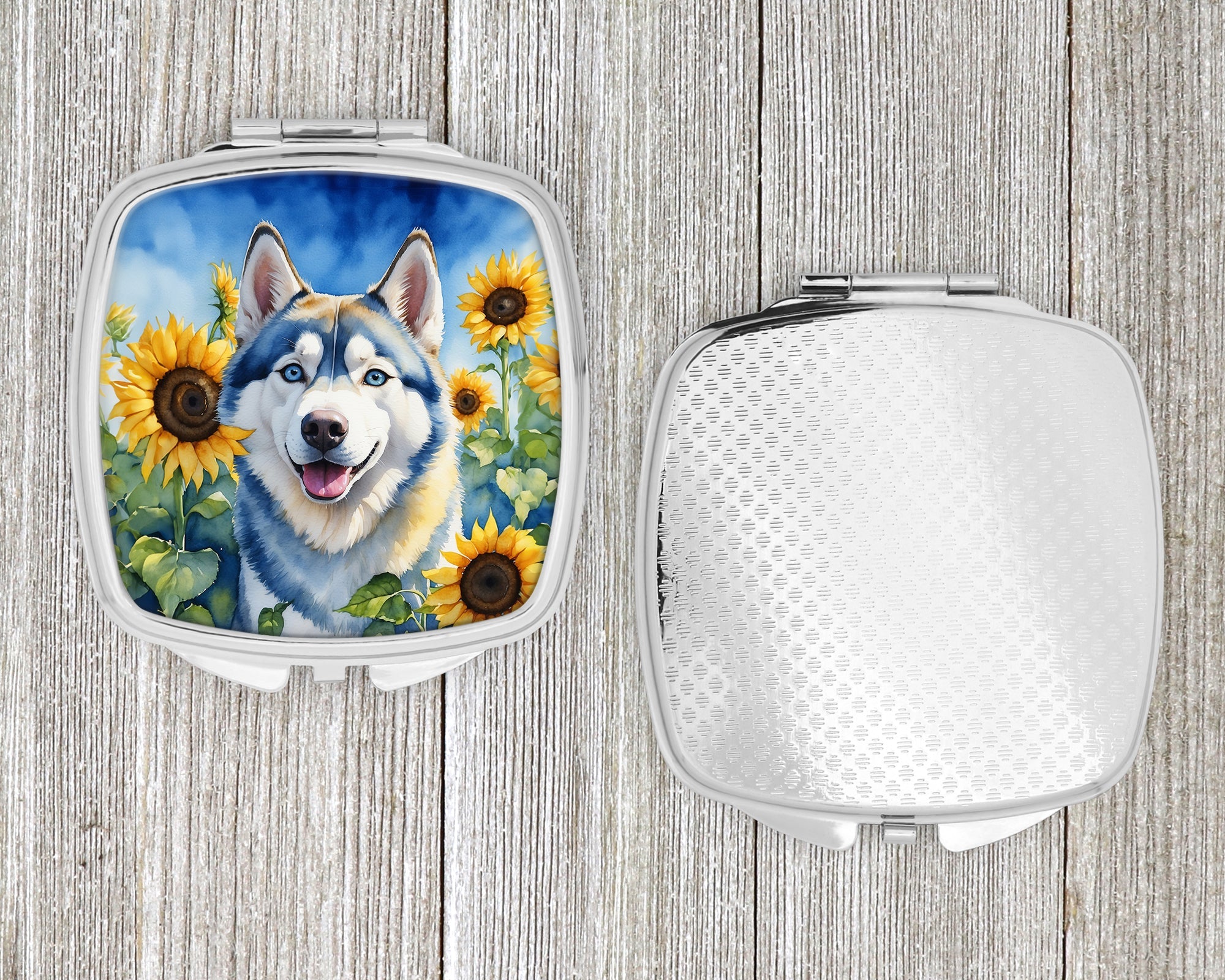 Siberian Husky in Sunflowers Compact Mirror Decorative Travel Makeup Mirror for Women Girls Gifts Pocket Makeup Mirror Folding Handheld