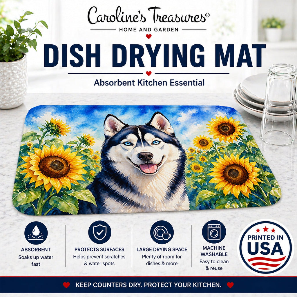 Siberian Husky in Sunflowers Dish Drying Mat Absorbent Dish Drying Mat Pad for Kitchen Counter Dish Drainer Mat for Countertop, 14 x 21", Multicolor
