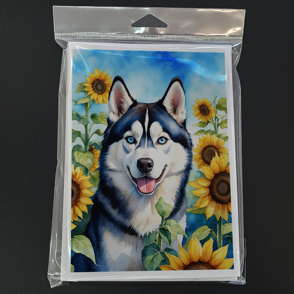 Siberian Husky in Sunflowers Greeting Cards Pack of 8 Blank Cards with Envelopes Whimsical A7 Size 5x7