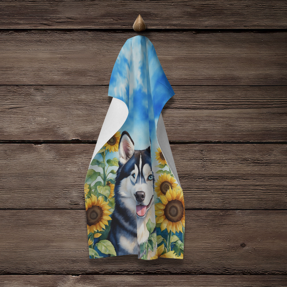 Siberian Husky in Sunflowers Kitchen Towel Velour Plush Front and Cotton Loop Back Machine Washable