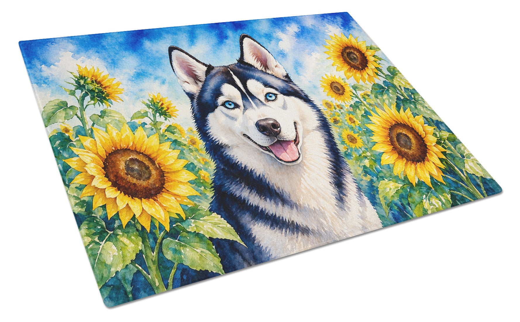 Siberian Husky in Sunflowers Cutting Board Tempered Glass Kitchen Cutting Surface, Heat Resistant Chopping Board with Non-Slip Feet, Decorative Food Prep & Serving
