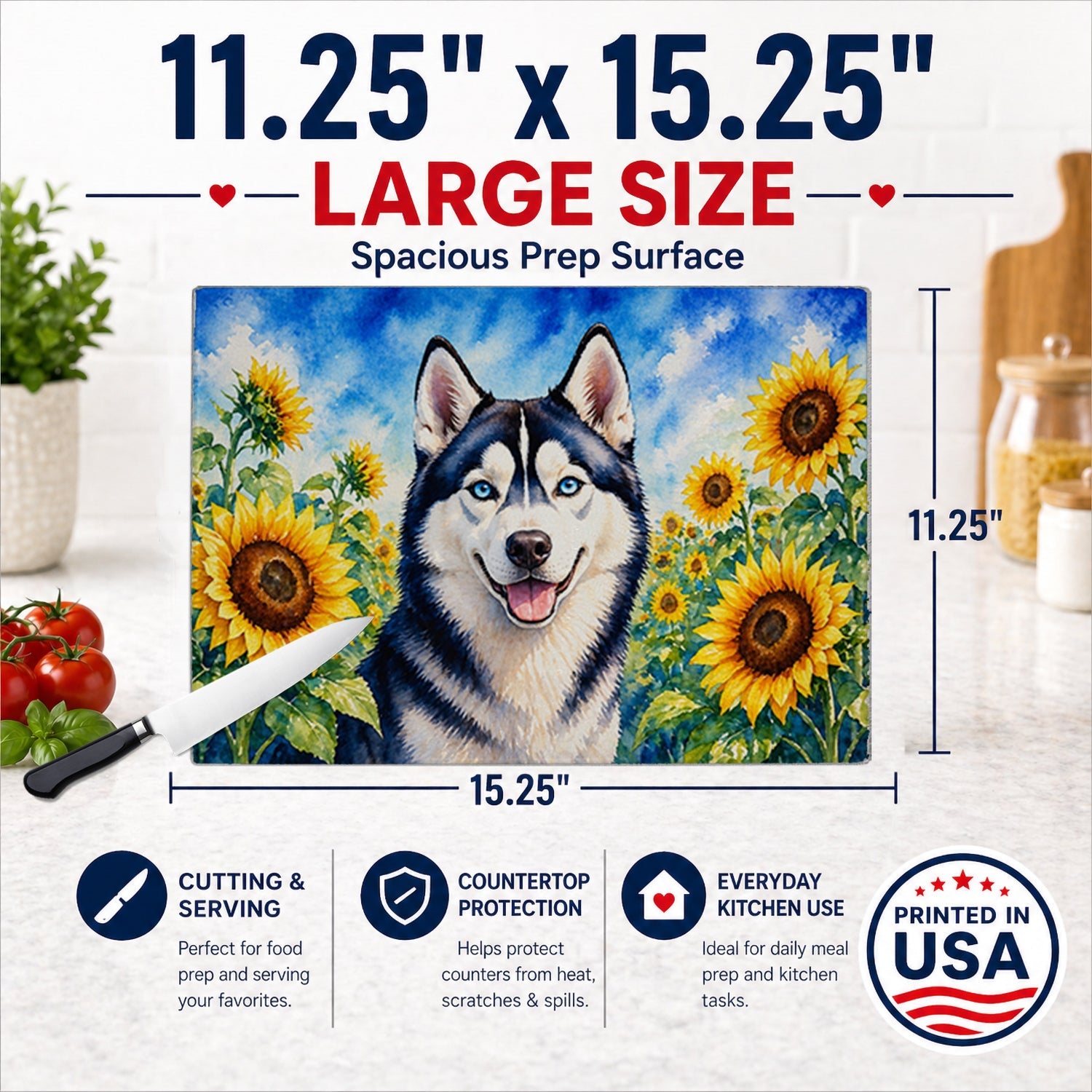 Siberian Husky in Sunflowers Cutting Board Tempered Glass Kitchen Cutting Surface, Heat Resistant Chopping Board with Non-Slip Feet, Decorative Food Prep & Serving