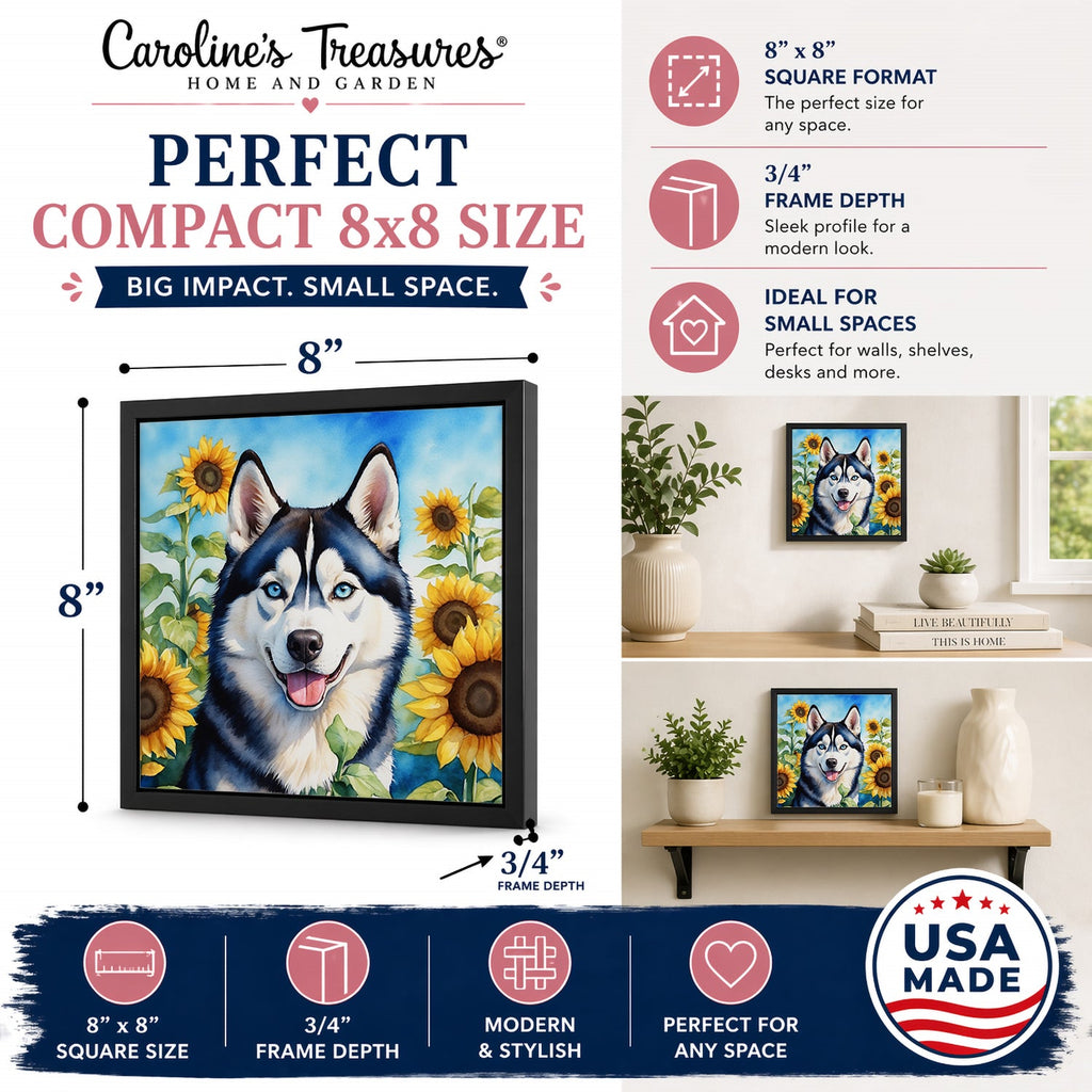 Siberian Husky in Sunflowers Framed Metal Print Bathroom, Kitchen, Office, Home Decor Wall Art Ready to Hang, Square, 8X8