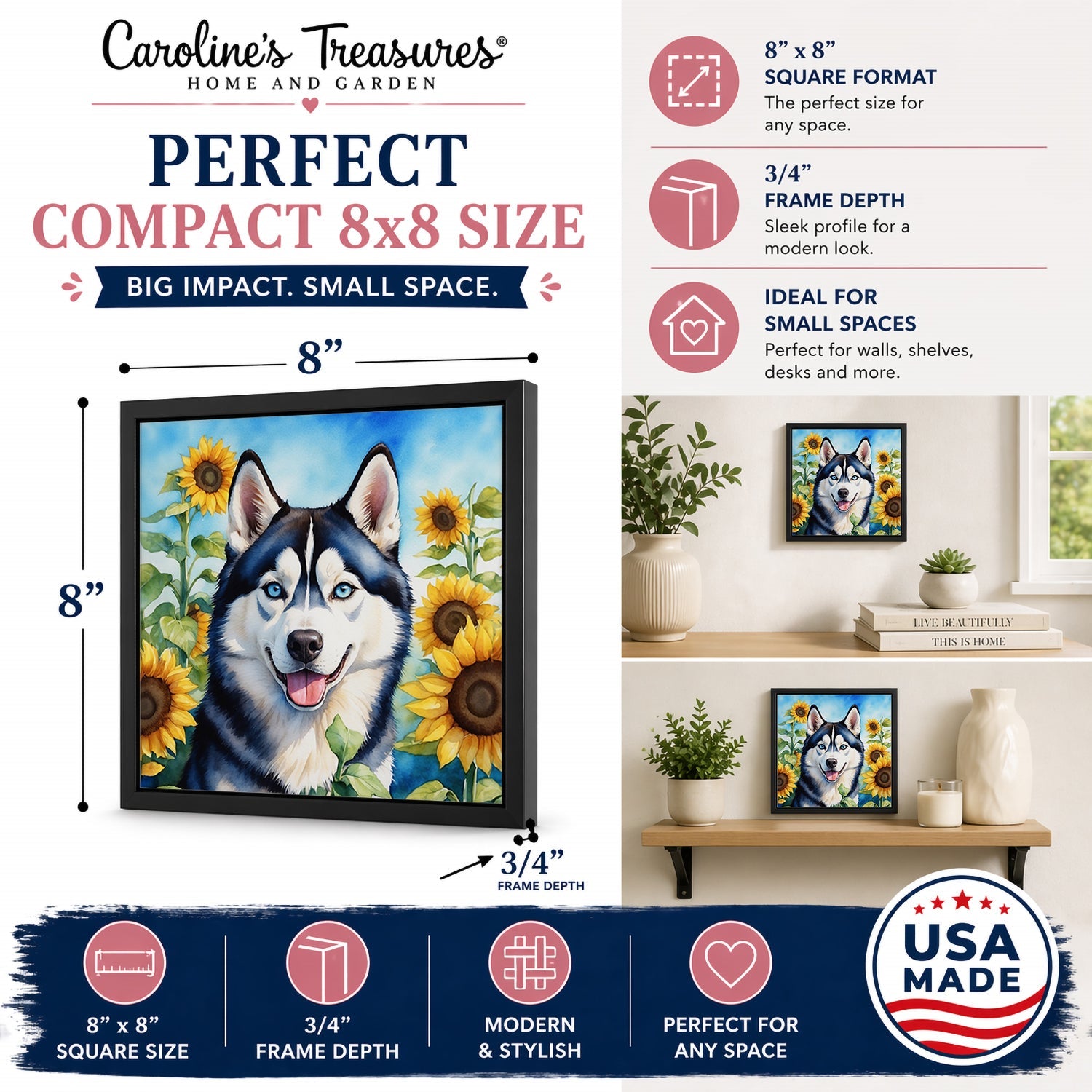 Siberian Husky in Sunflowers Framed Metal Print Bathroom, Kitchen, Office, Home Decor Wall Art Ready to Hang, Square, 8X8