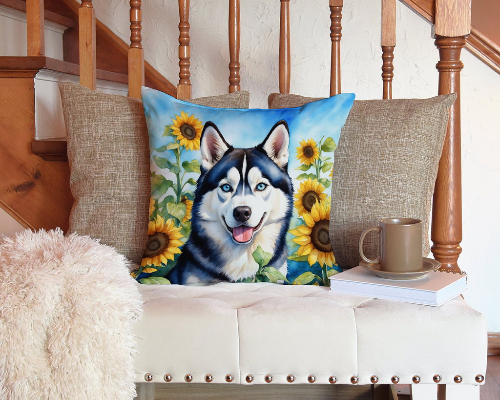 Siberian Husky in Sunflowers Decorative Throw Pillow 14x14 Indoor Outdoor Accent Cushion, Fabric Cover with Insert for Sofa, Bed, Porch & Living Room