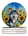 Siberian Husky in Sunflowers Large Sandstone Coasters Pack of 4 Absorbent Round Coasters Decor Gifts for Men or Women, 4 in, Multicolor