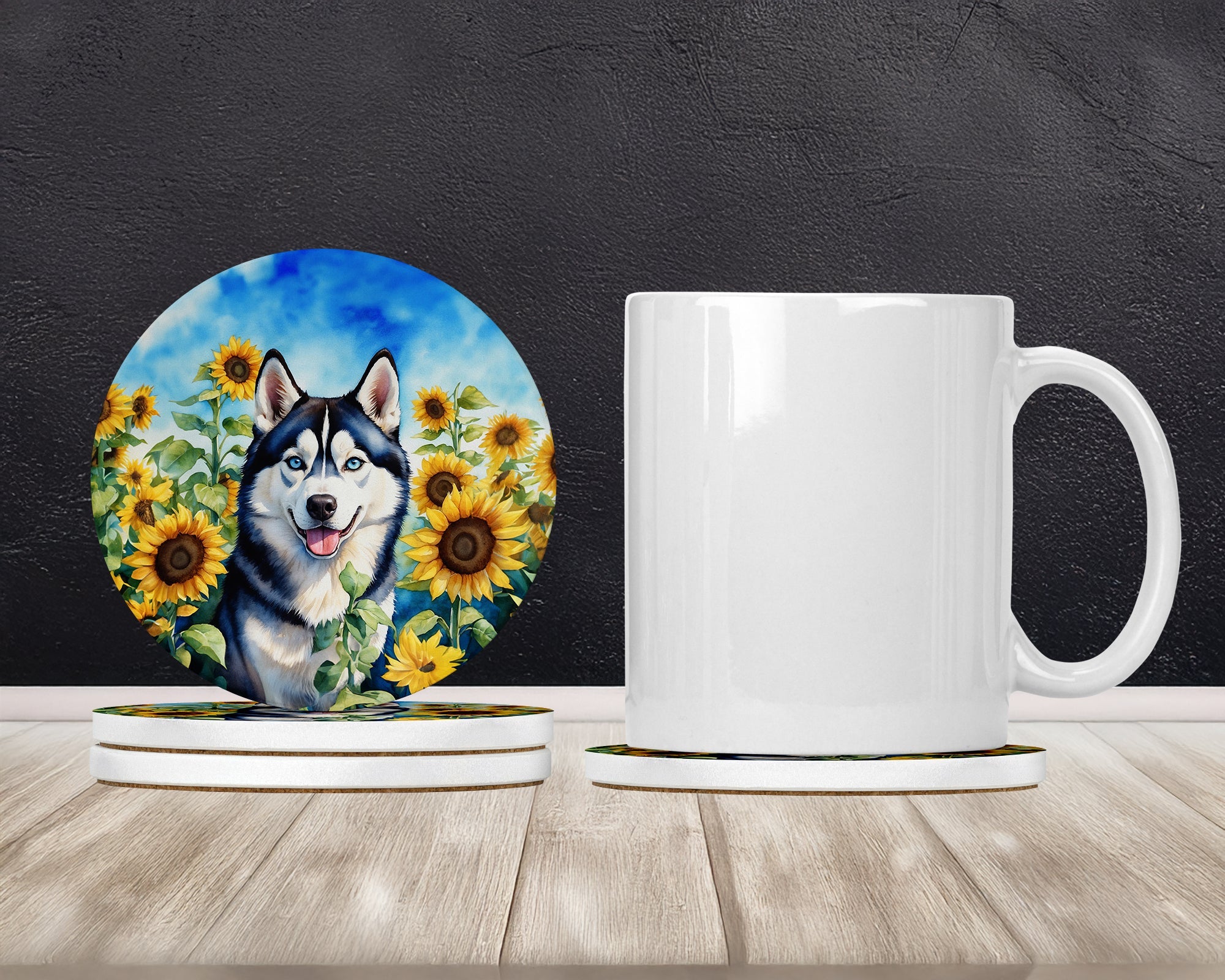 Siberian Husky in Sunflowers Large Sandstone Coasters Pack of 4 Absorbent Round Coasters Decor Gifts for Men or Women, 4 in, Multicolor