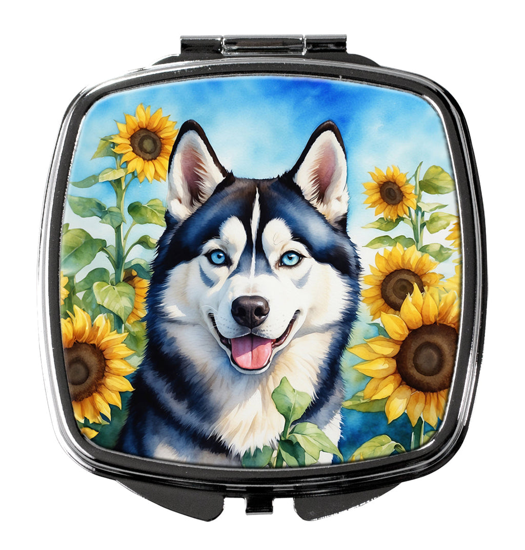 Siberian Husky in Sunflowers Compact Mirror Decorative Travel Makeup Mirror for Women Girls Gifts Pocket Makeup Mirror Folding Handheld