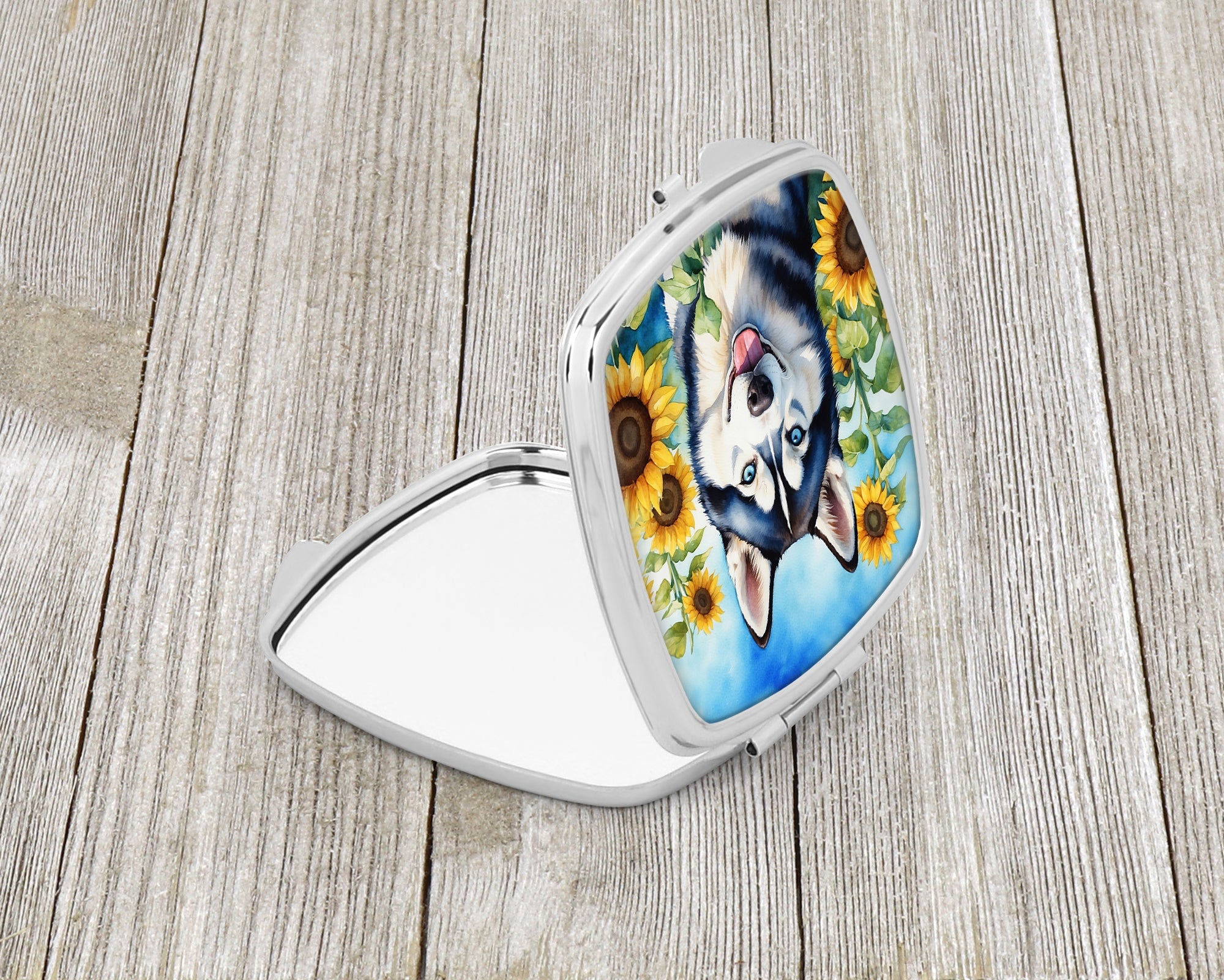 Siberian Husky in Sunflowers Compact Mirror Decorative Travel Makeup Mirror for Women Girls Gifts Pocket Makeup Mirror Folding Handheld