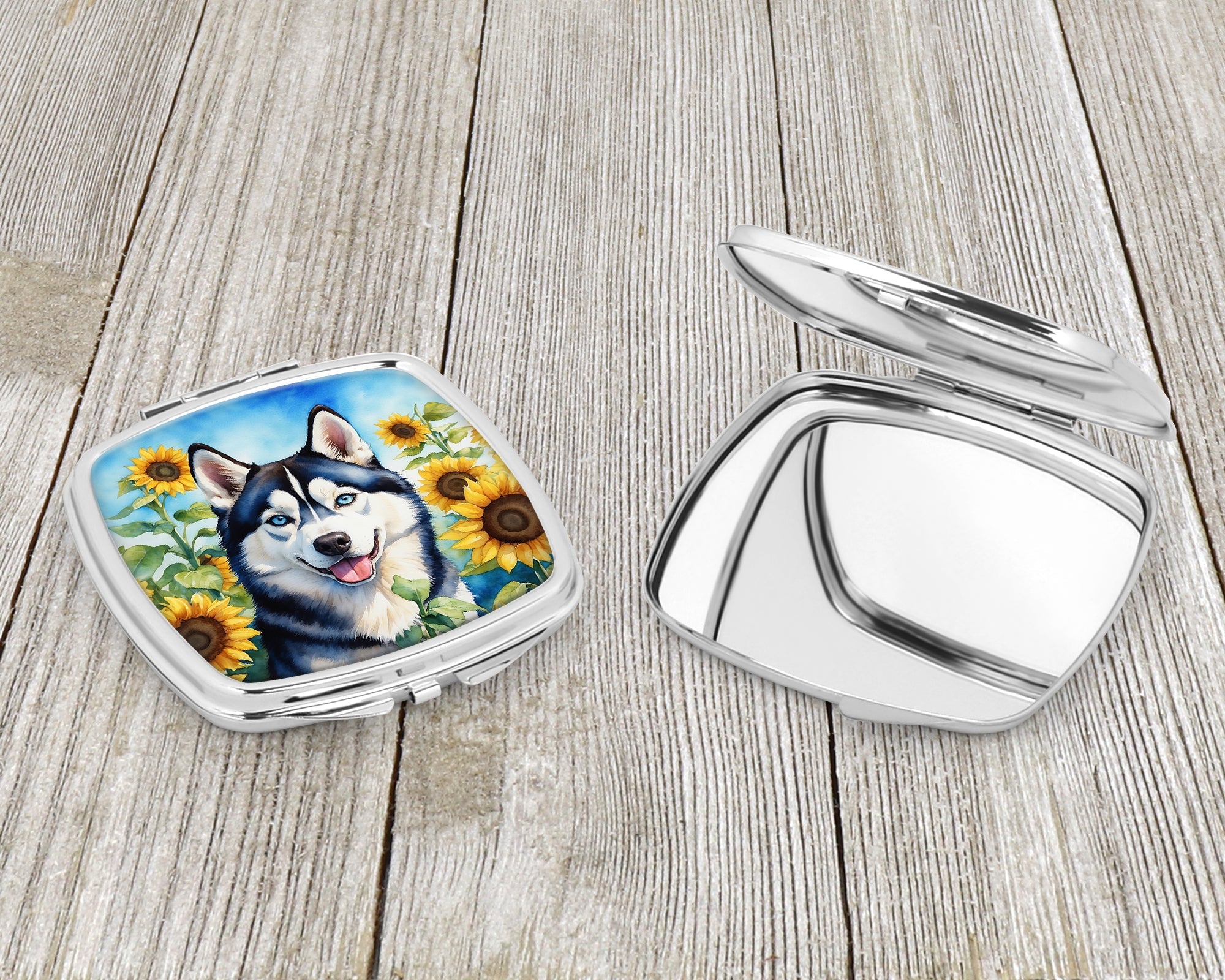 Siberian Husky in Sunflowers Compact Mirror Decorative Travel Makeup Mirror for Women Girls Gifts Pocket Makeup Mirror Folding Handheld