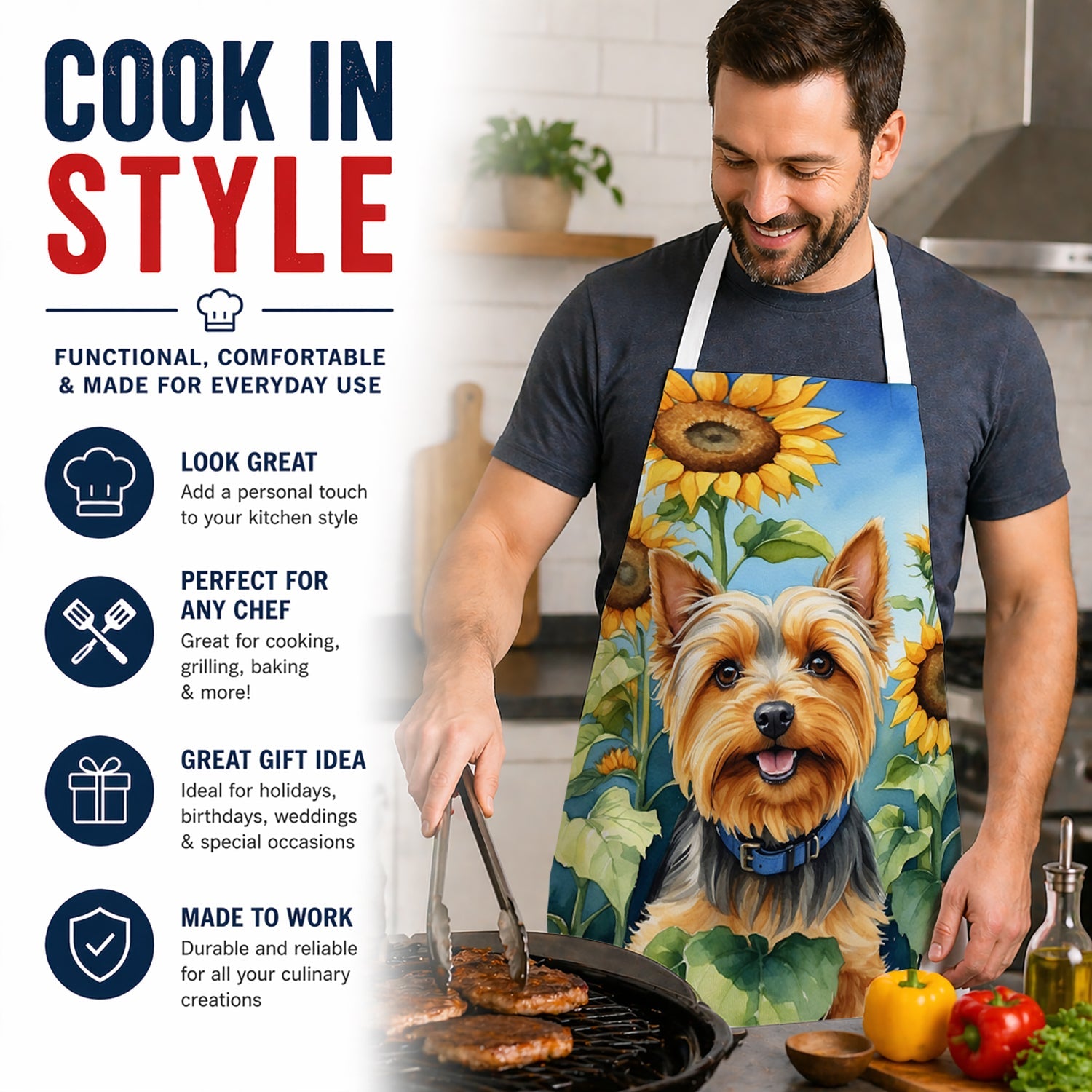 Silky Terrier in Sunflowers Apron Cooking Kitchen Server Baking Crafts Gardening for Adult Women Men, Unisex, Large, Multicolor