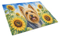 Silky Terrier in Sunflowers Cutting Board Tempered Glass Kitchen Cutting Surface, Heat Resistant Chopping Board with Non-Slip Feet, Decorative Food Prep & Serving
