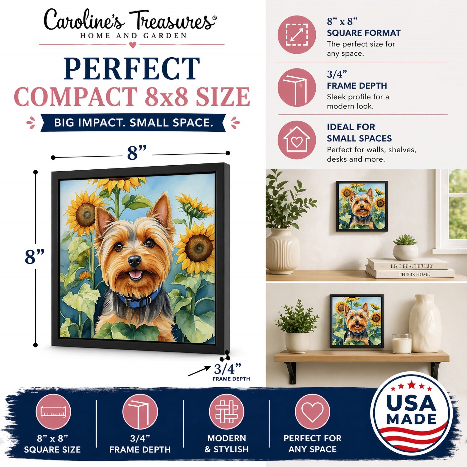 Silky Terrier in Sunflowers Framed Metal Print Bathroom, Kitchen, Office, Home Decor Wall Art Ready to Hang, Square, 8X8