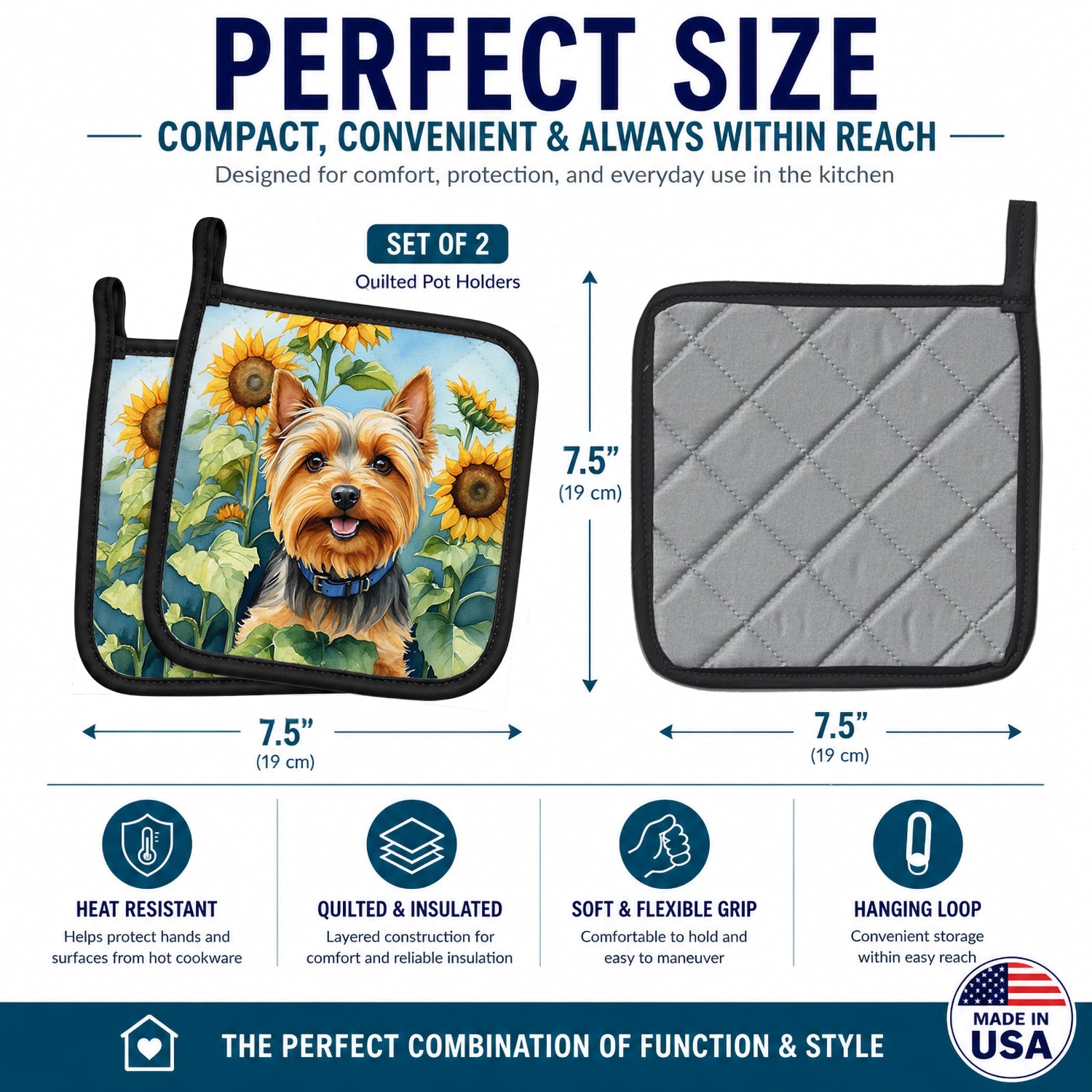 Silky Terrier in Sunflowers Pot Holder Set of 2 Heat Resistant Quilted Hot Pads 7.5 x 7.5 Inch, Insulated Kitchen Trivets for Cooking & Baking