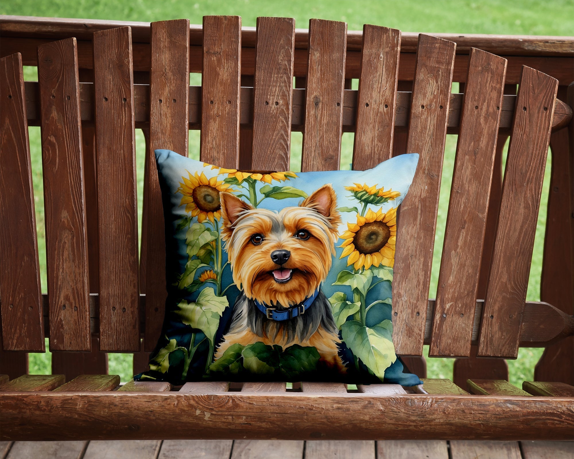 Silky Terrier in Sunflowers Decorative Throw Pillow 14x14 Indoor Outdoor Accent Cushion, Fabric Cover with Insert for Sofa, Bed, Porch & Living Room