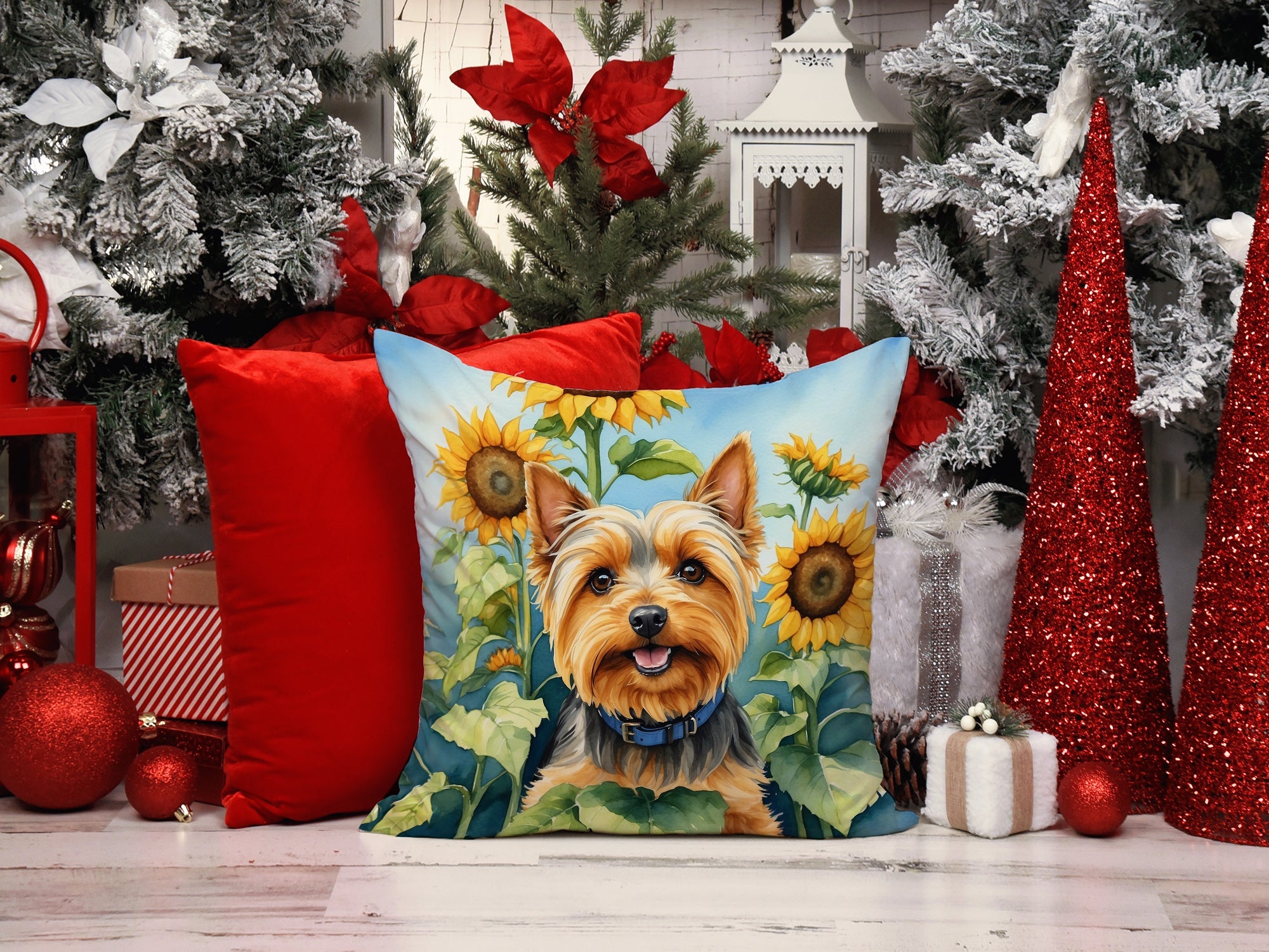 Silky Terrier in Sunflowers Decorative Throw Pillow 14x14 Indoor Outdoor Accent Cushion, Fabric Cover with Insert for Sofa, Bed, Porch & Living Room