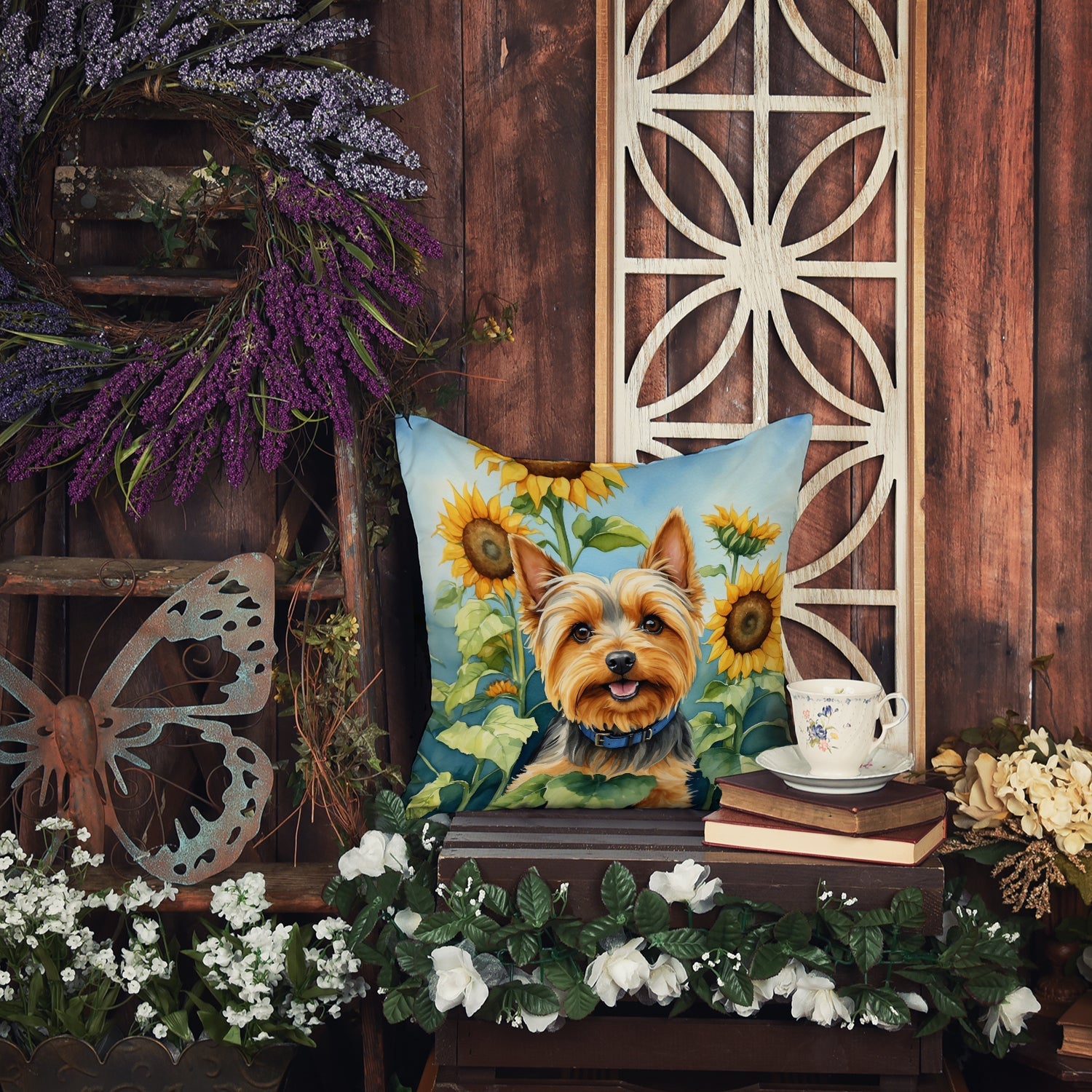 Silky Terrier in Sunflowers Decorative Throw Pillow 18x18 Indoor Outdoor Accent Cushion, Fabric Cover with Insert for Sofa, Bed, Porch & Living Room