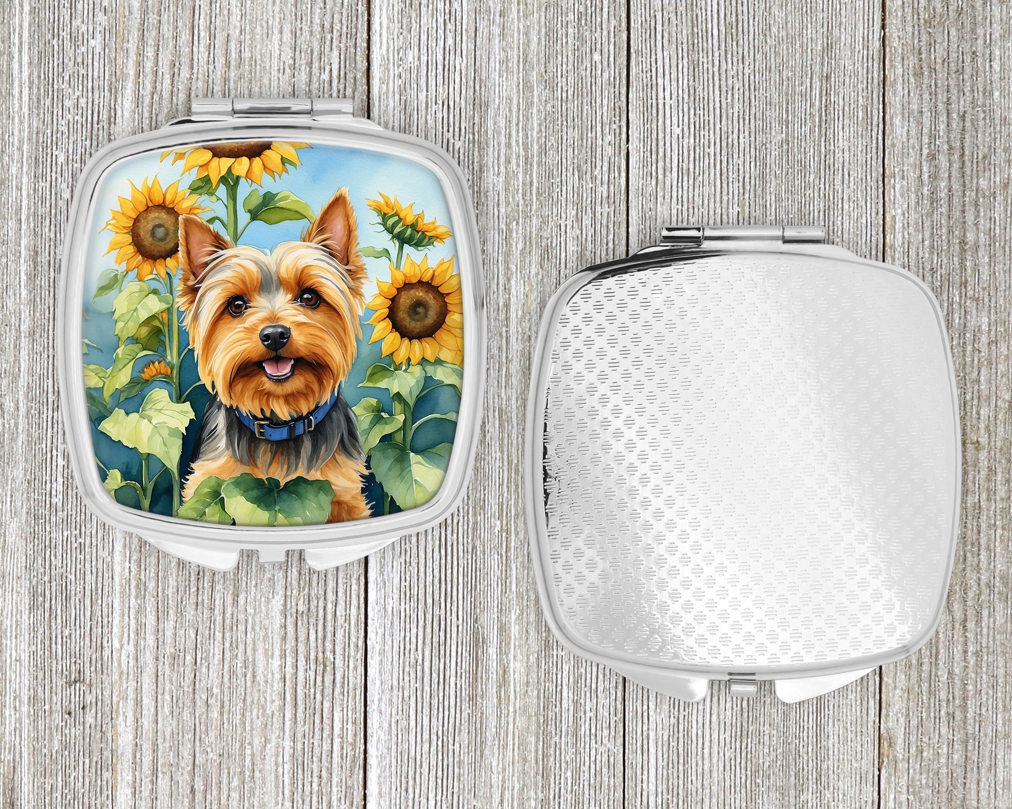 Silky Terrier in Sunflowers Compact Mirror Decorative Travel Makeup Mirror for Women Girls Gifts Pocket Makeup Mirror Folding Handheld