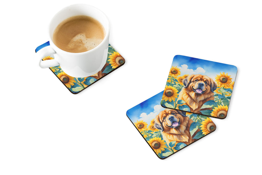 Tibetan Mastiff in Sunflowers Foam Coasters Set of 4 Cup Coasters for Indoor Outdoor, Tabletop Protection, Anti Slip, Mouse pad Material