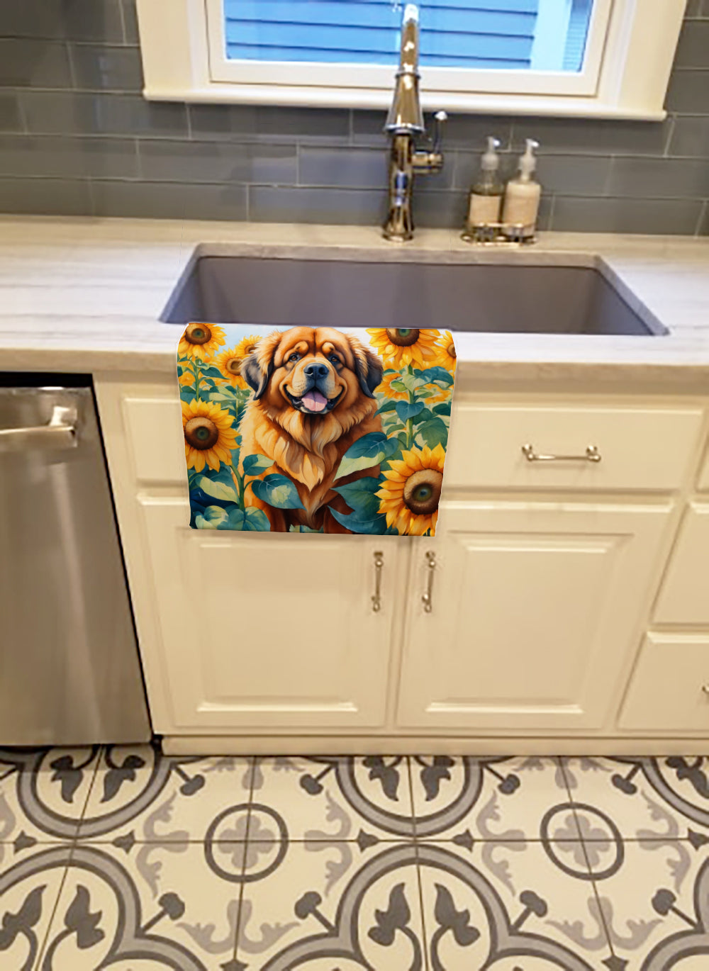 Tibetan Mastiff in Sunflowers Kitchen Towel Velour Plush Front and Cotton Loop Back Machine Washable