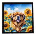 Tibetan Mastiff in Sunflowers Framed Metal Print Bathroom, Kitchen, Office, Home Decor Wall Art Ready to Hang, Square, 8X8