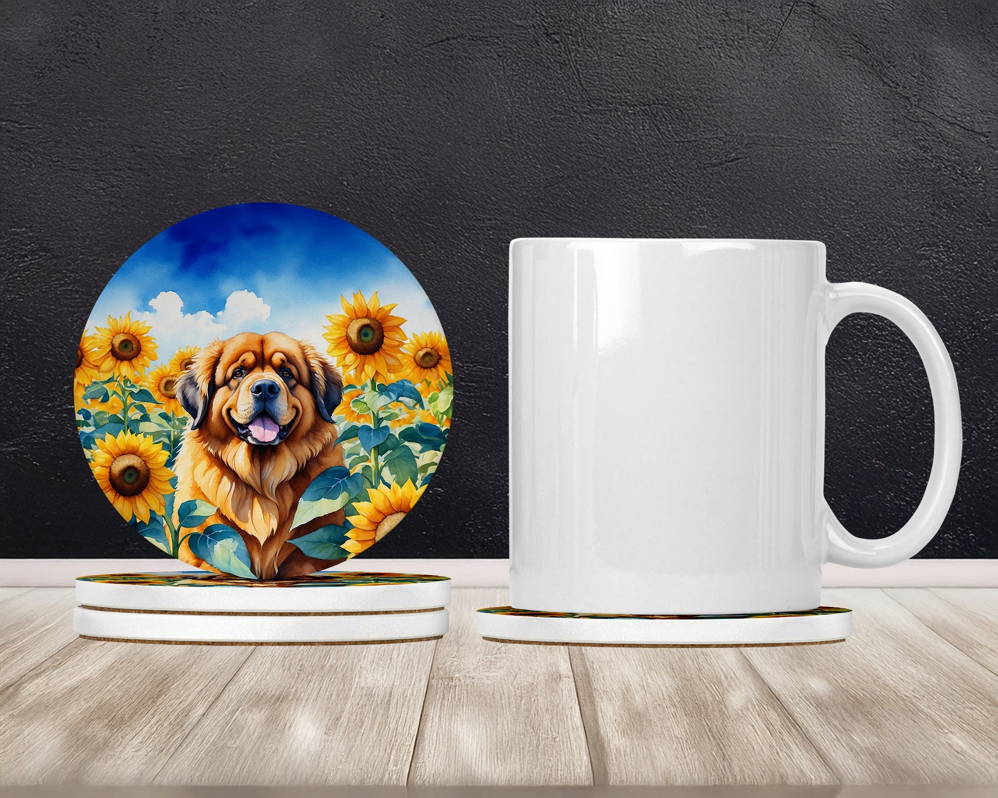 Tibetan Mastiff in Sunflowers Large Sandstone Coasters Pack of 4 Absorbent Round Coasters Decor Gifts for Men or Women, 4 in, Multicolor