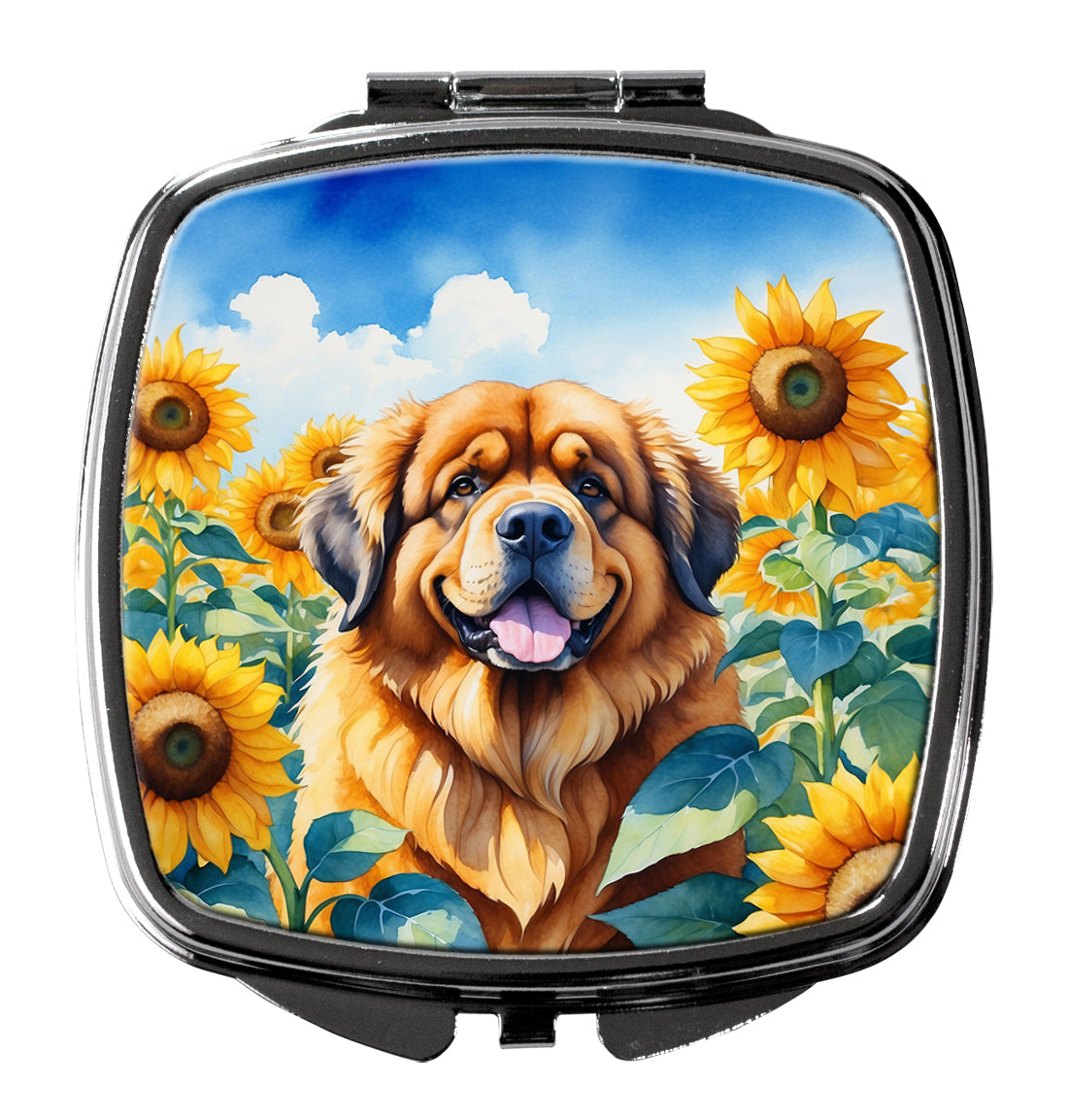 Tibetan Mastiff in Sunflowers Compact Mirror Decorative Travel Makeup Mirror for Women Girls Gifts Pocket Makeup Mirror Folding Handheld