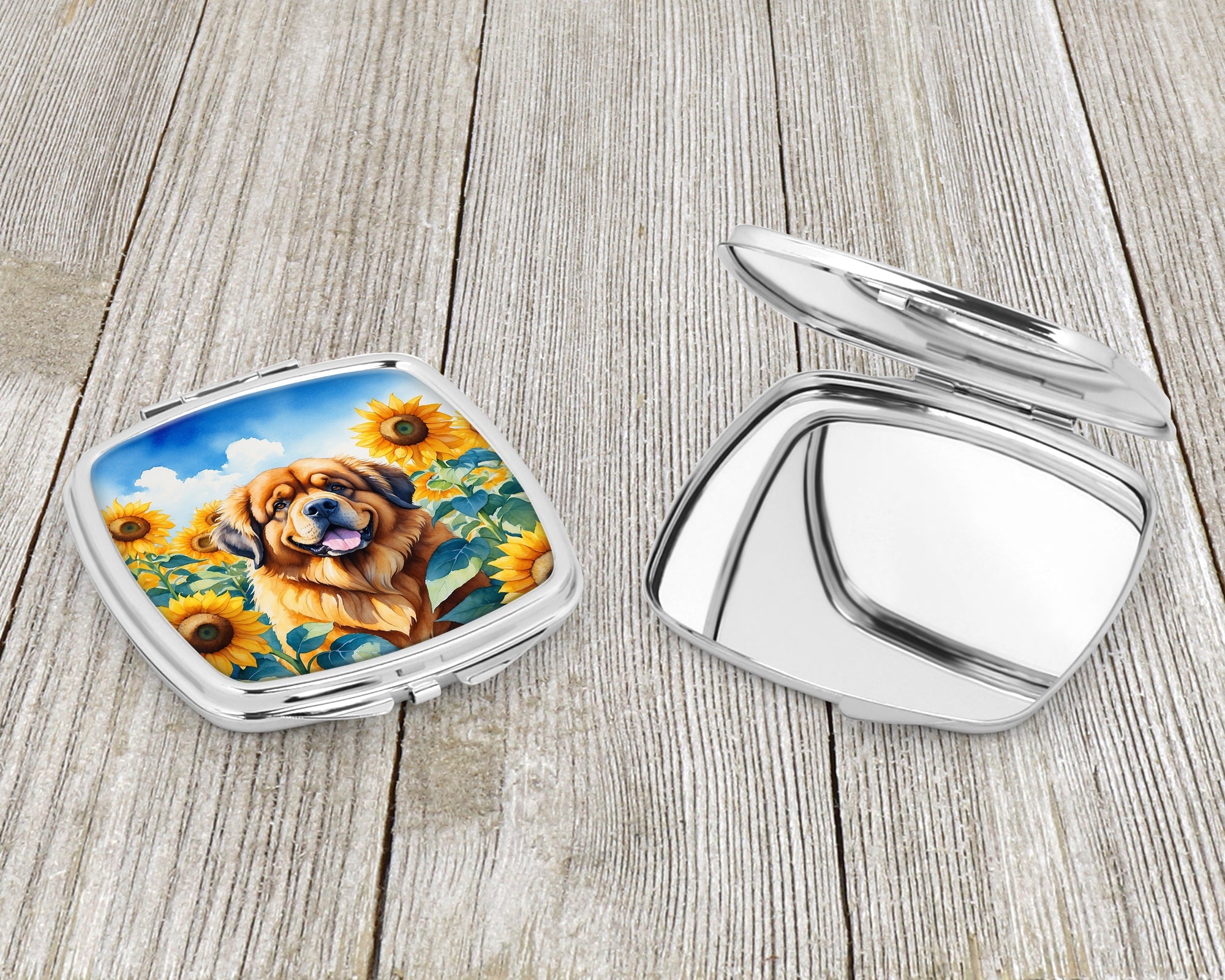 Tibetan Mastiff in Sunflowers Compact Mirror Decorative Travel Makeup Mirror for Women Girls Gifts Pocket Makeup Mirror Folding Handheld