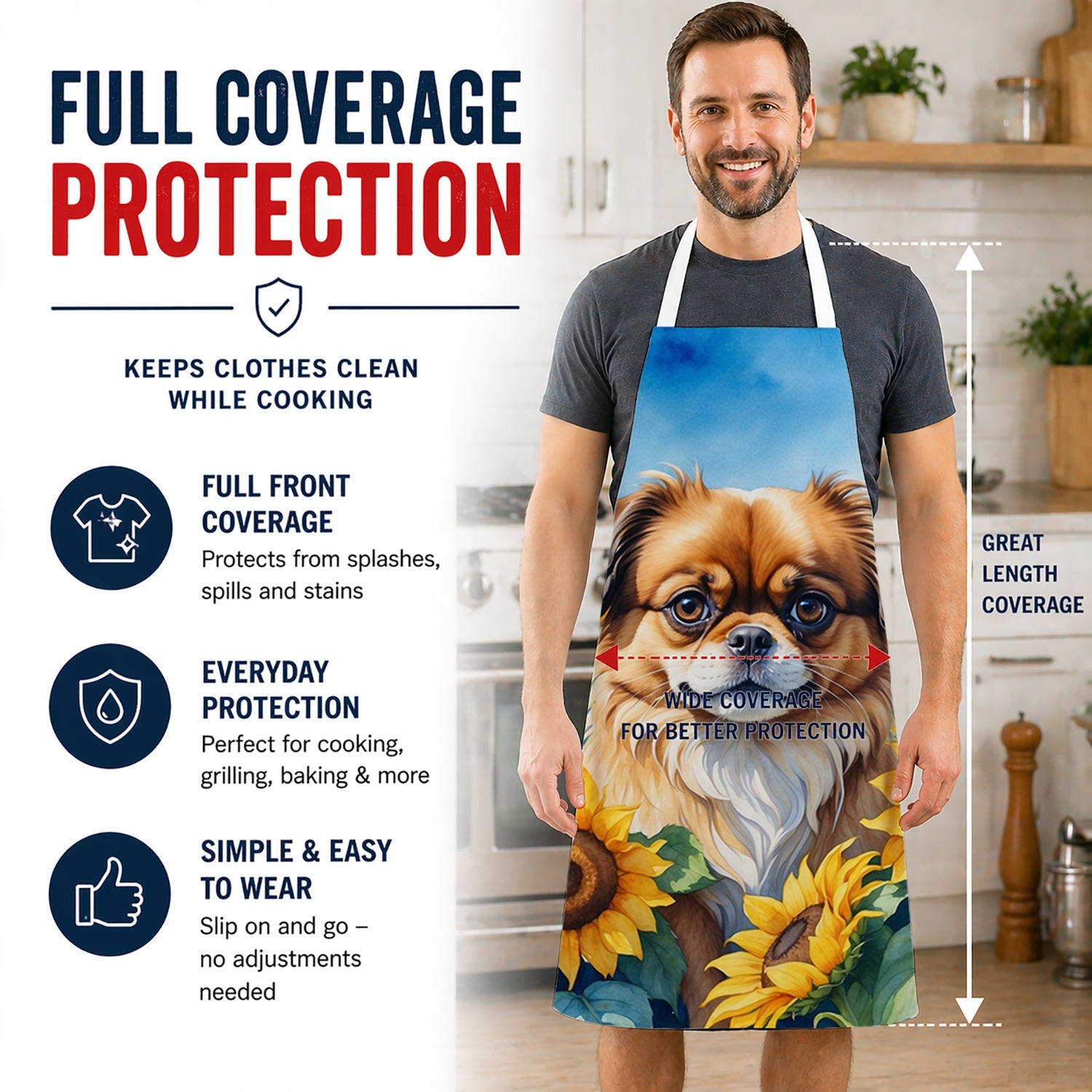 Tibetan Spaniel in Sunflowers Apron Cooking Kitchen Server Baking Crafts Gardening for Adult Women Men, Unisex, Large, Multicolor