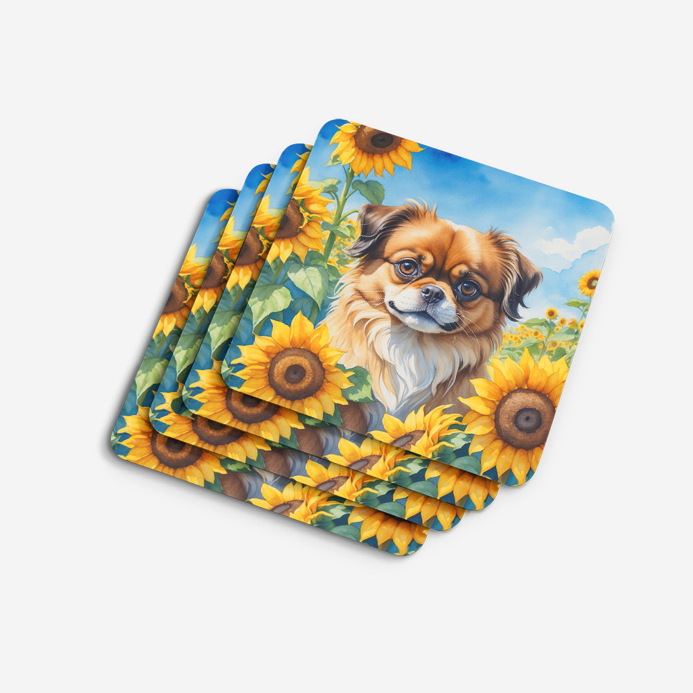 Tibetan Spaniel in Sunflowers Foam Coasters Set of 4 Cup Coasters for Indoor Outdoor, Tabletop Protection, Anti Slip, Mouse pad Material