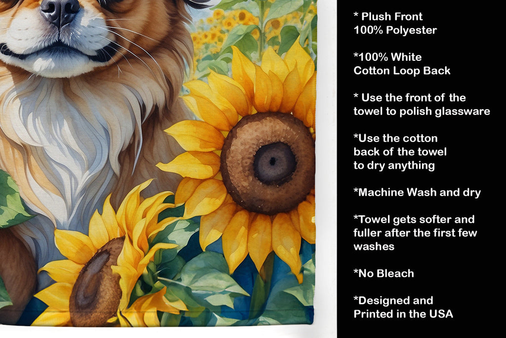 Tibetan Spaniel in Sunflowers Kitchen Towel Velour Plush Front and Cotton Loop Back Machine Washable