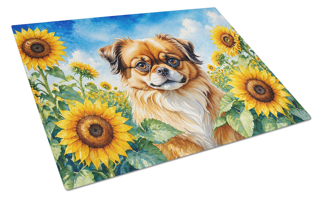 Tibetan Spaniel in Sunflowers Cutting Board Tempered Glass Kitchen Cutting Surface, Heat Resistant Chopping Board with Non-Slip Feet, Decorative Food Prep & Serving